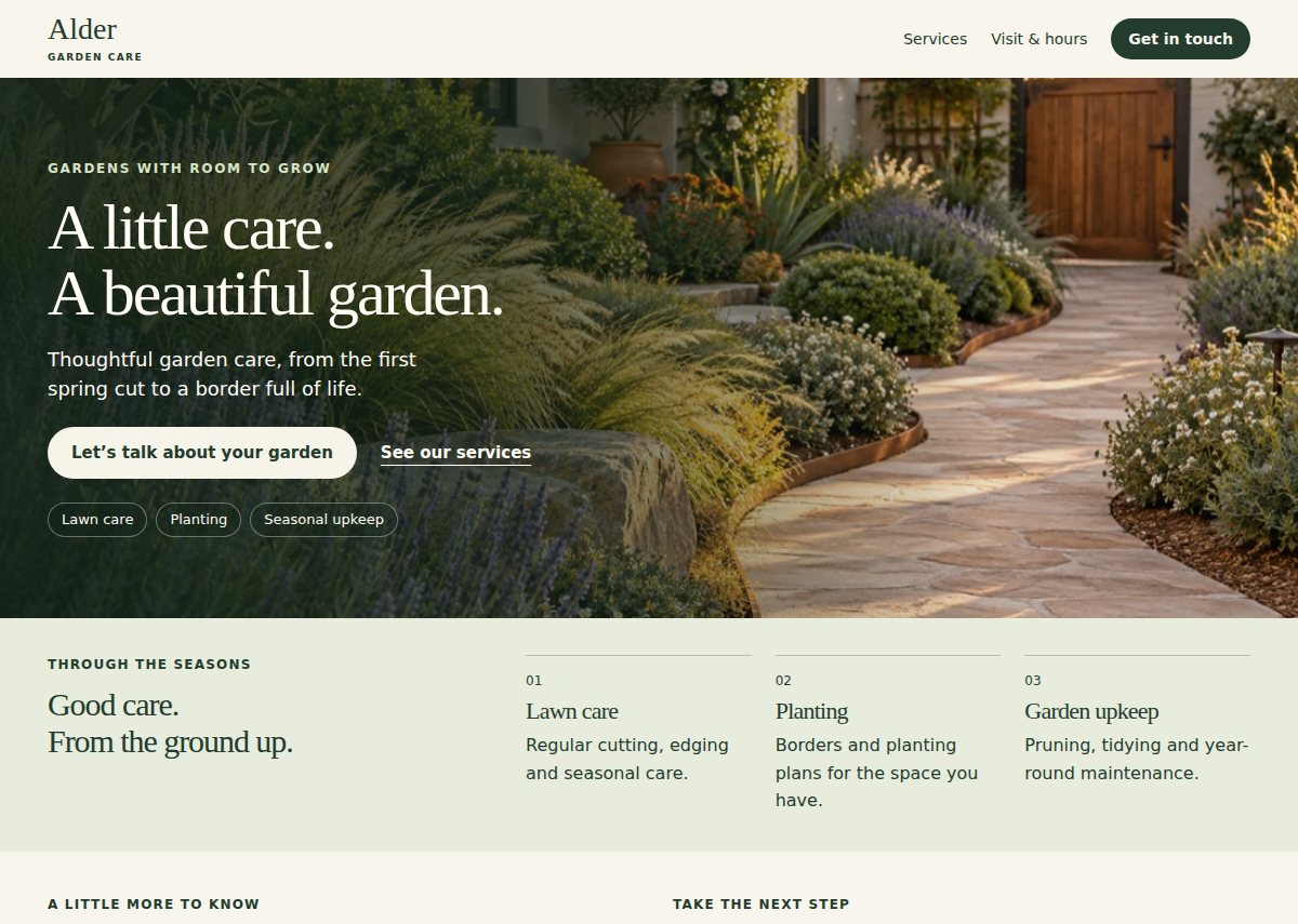 After: Alder Garden Care, with clear service sections and a prominent next step.