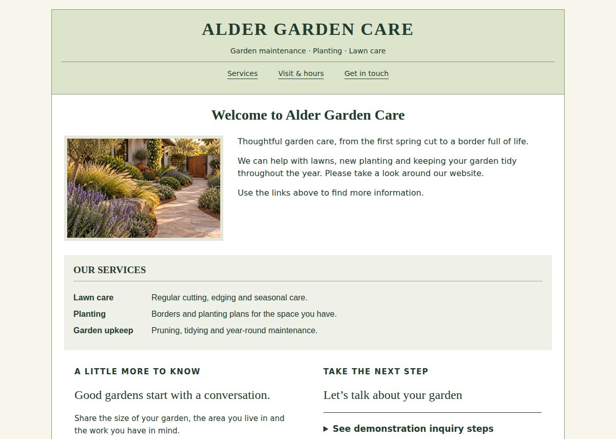Before: the same Alder Garden Care business, with a cluttered layout and less visible contact information.