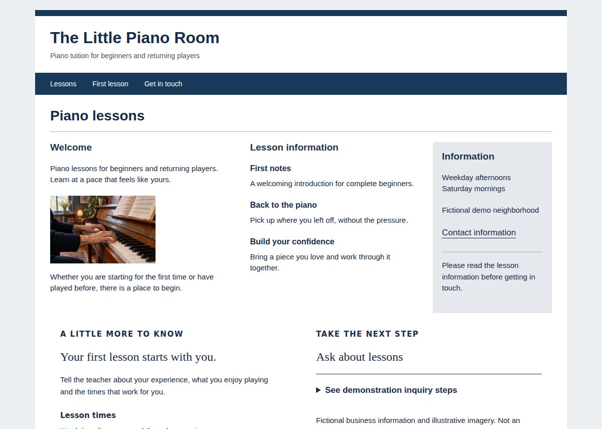 Before: the same The Little Piano Room business, with a cluttered layout and less visible contact information.