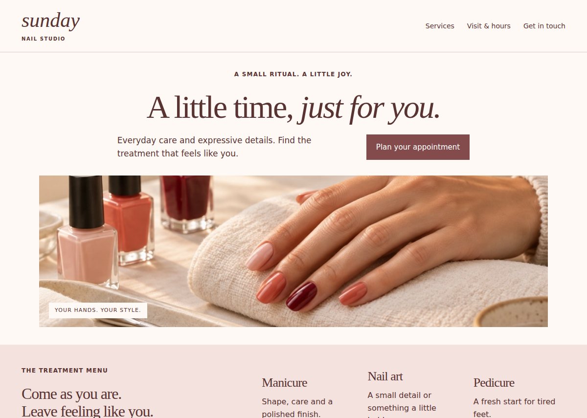 After: Sunday Nail Studio, with clear service sections and a prominent next step.