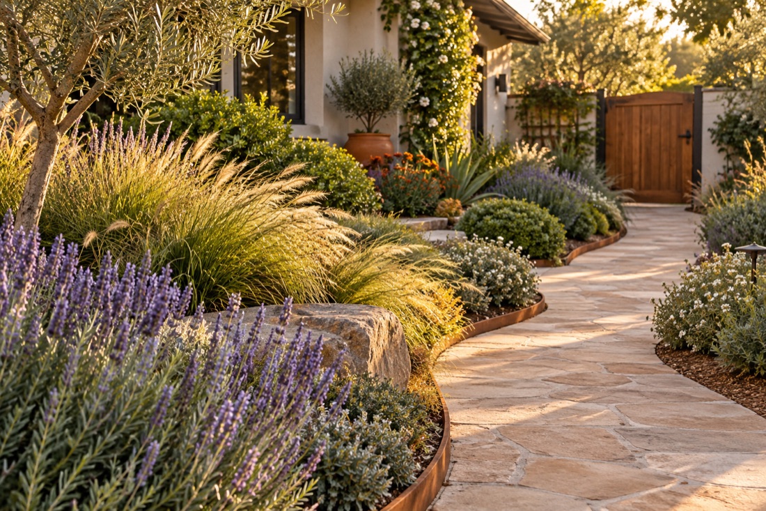 Illustrative garden with a stone path and lavender.