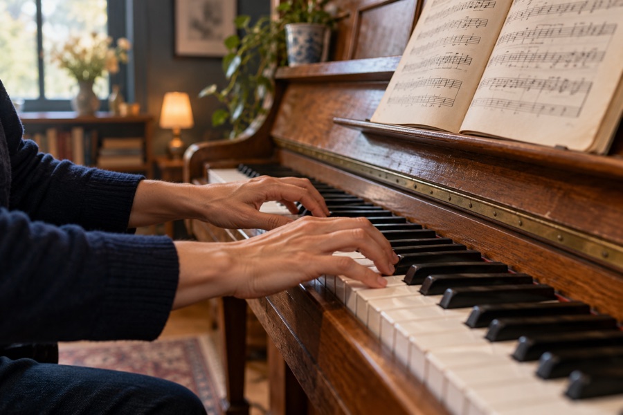 Illustrative adult piano lesson with hands on the keys.