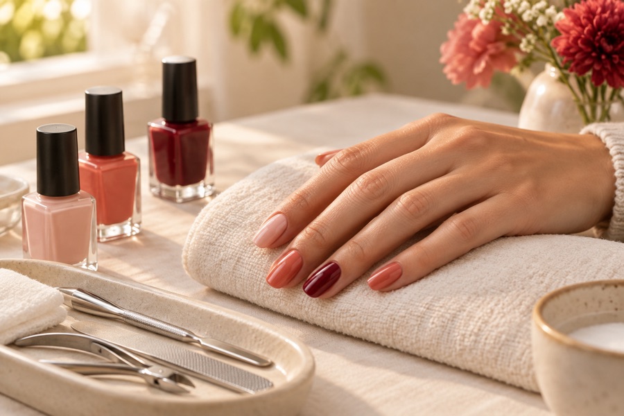Illustrative coral and nude manicure on a linen towel.