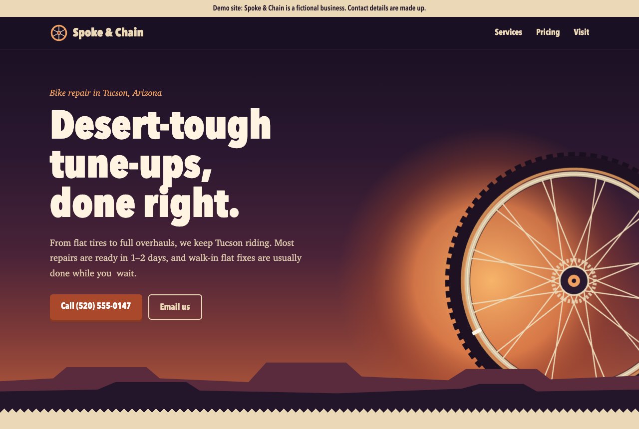 Spoke and Chain demo: a bike repair headline, bicycle illustration, and call and email buttons.
