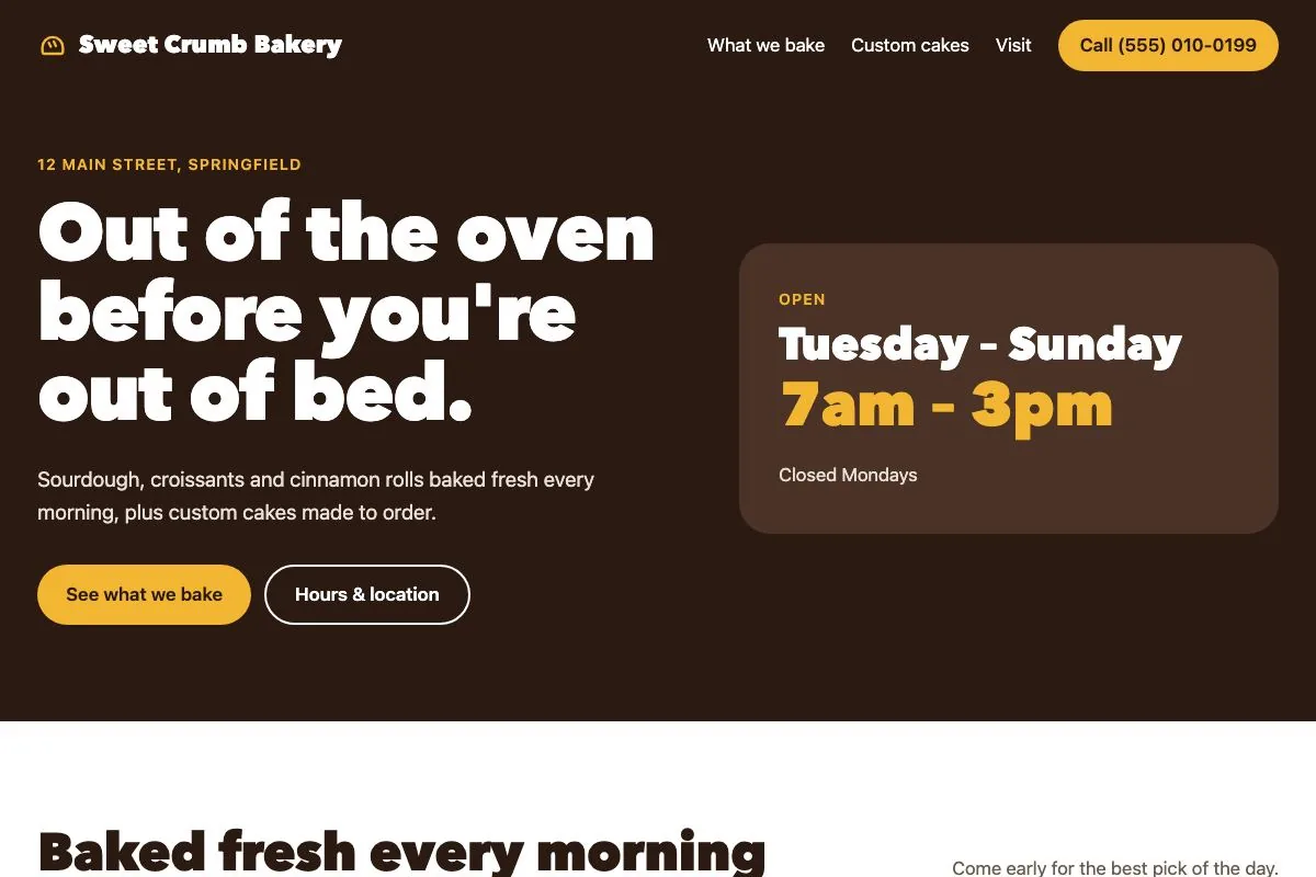 A sample bakery website made with the Benchlight starter, with bread and pastry offerings.