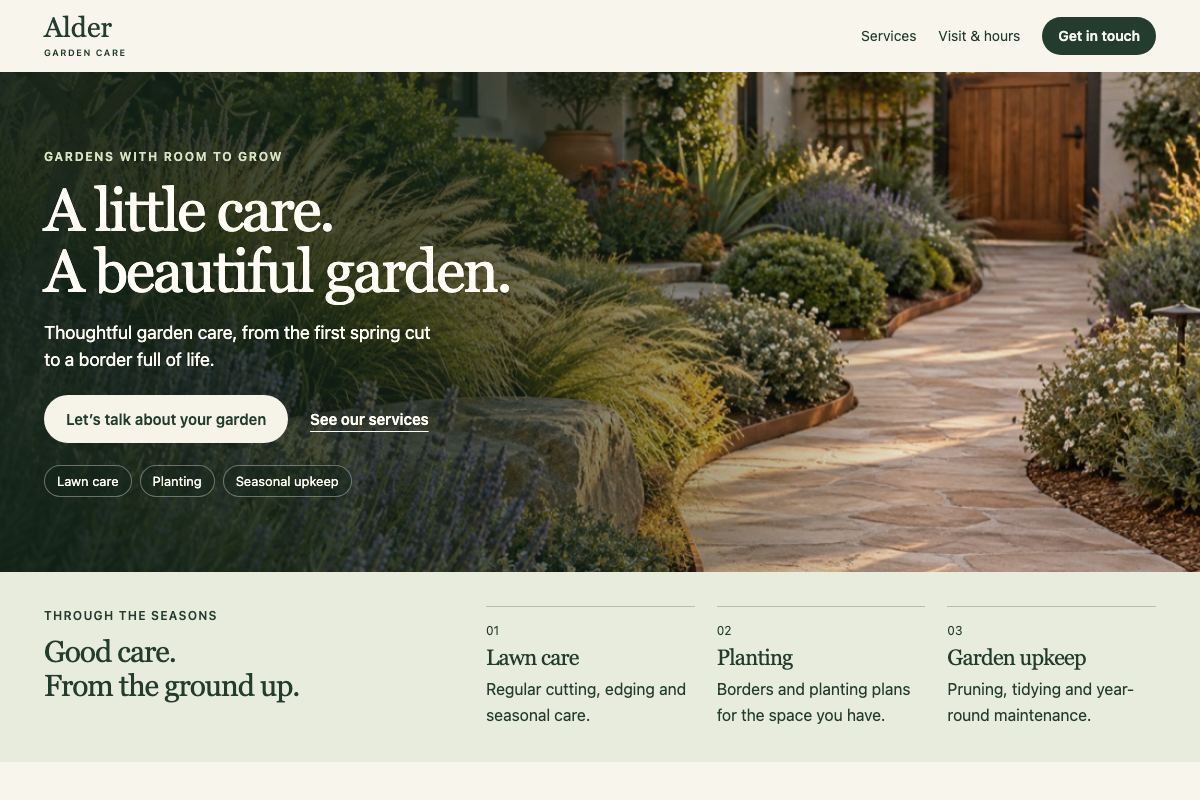 The home page of Alder Garden Care, a fictional garden care website, on a computer screen.