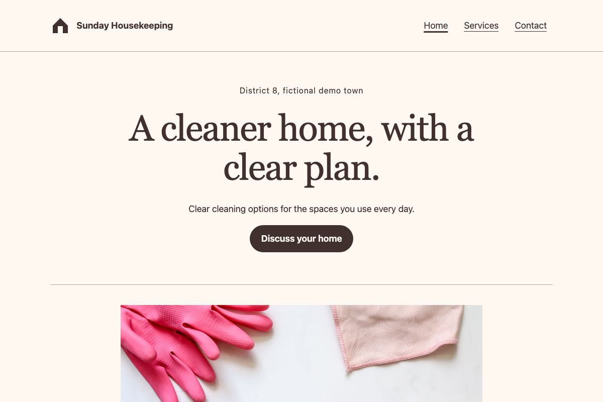 The home page of Sunday Housekeeping, a fictional house cleaning website, on a computer screen.