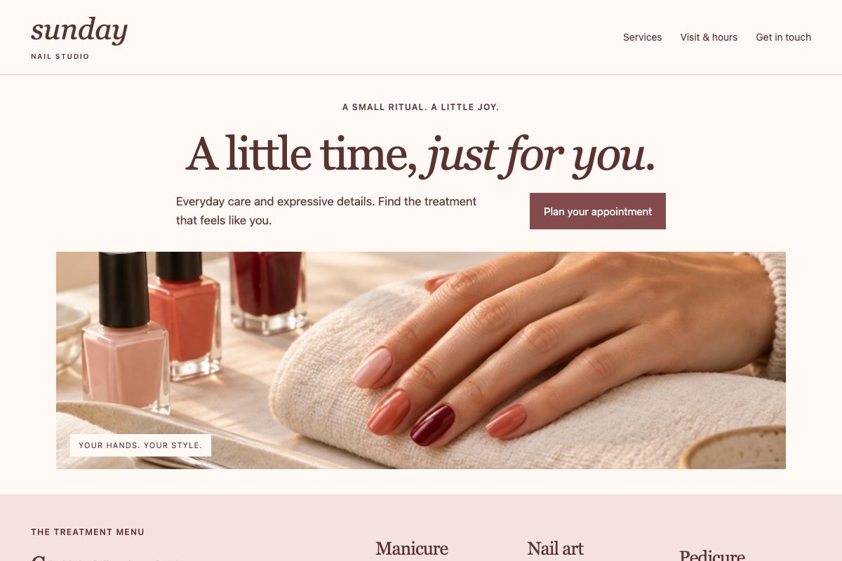 The home page of Sunday Nail Studio, a fictional nail salon website, on a computer screen.
