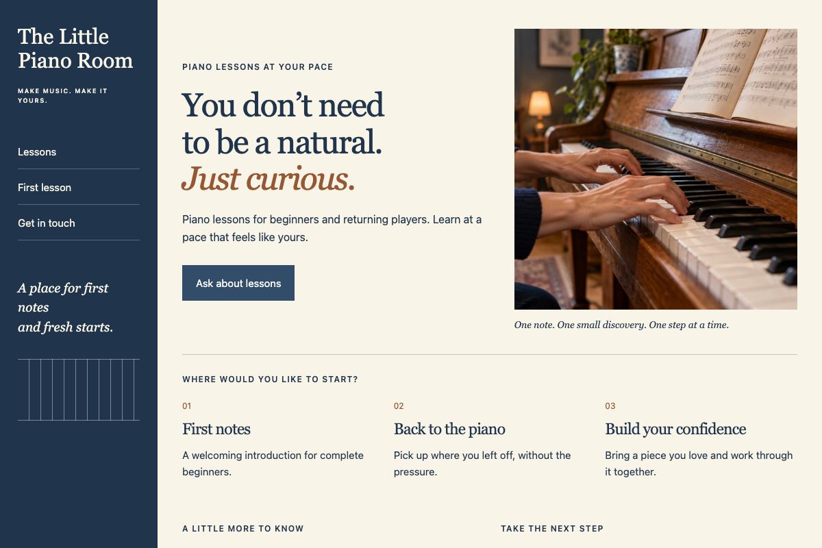 The home page of The Little Piano Room, a fictional piano teacher’s website, on a computer screen.